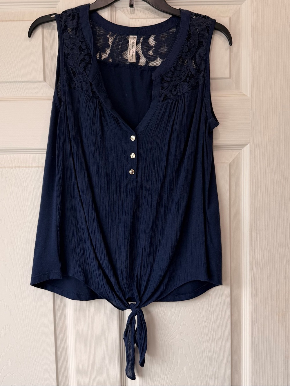 PerSeption Concept Navy Lace Yoke Tie-Front Tank